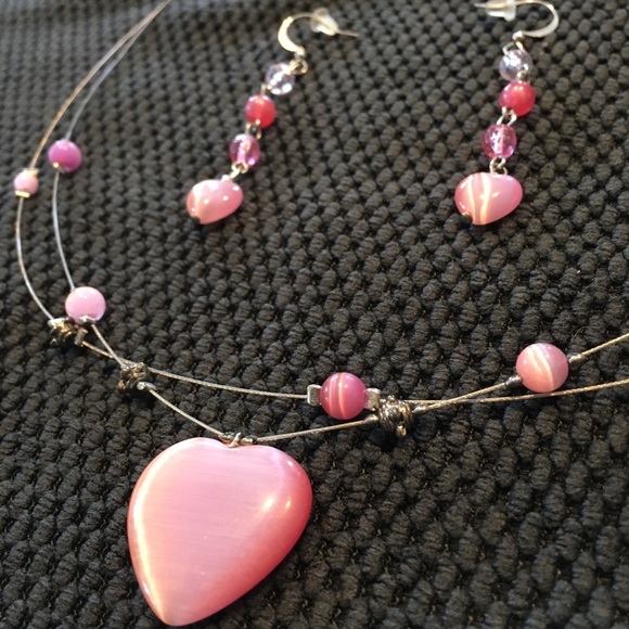 Floating Pink Heart Necklace and Earrings - Picture 1 of 3